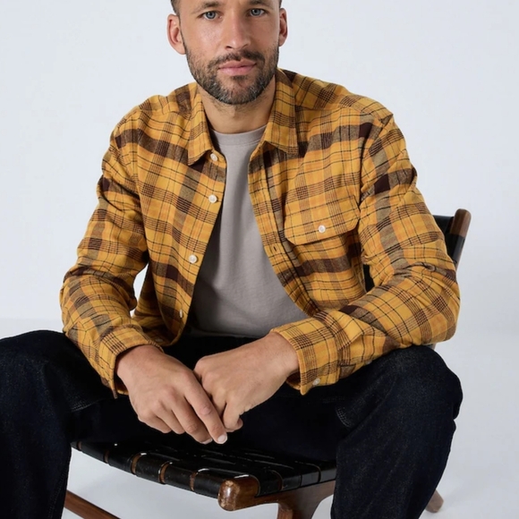 PLAID FALL/WINTER THE NORMAL BRAND CLASSIC GINGHAM BUTTON UP GOLD FLANNEL/ OVERS - Picture 15 of 15